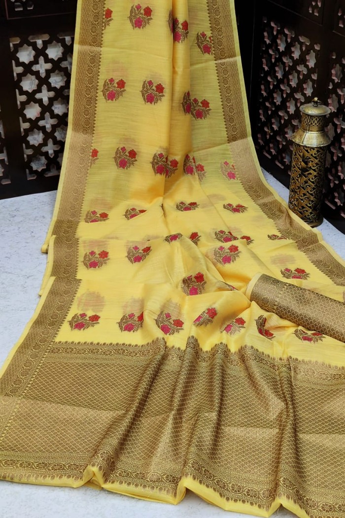 Very Much Indian Pure Linen Silk Saree With Sleek Border - Yellow main image 0