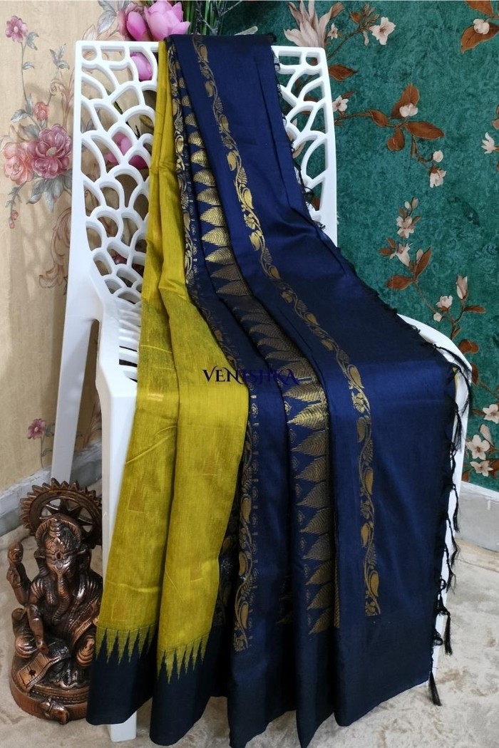 Kalyani Cotton Saree (checkered) - Gold Zari : Black main image 0