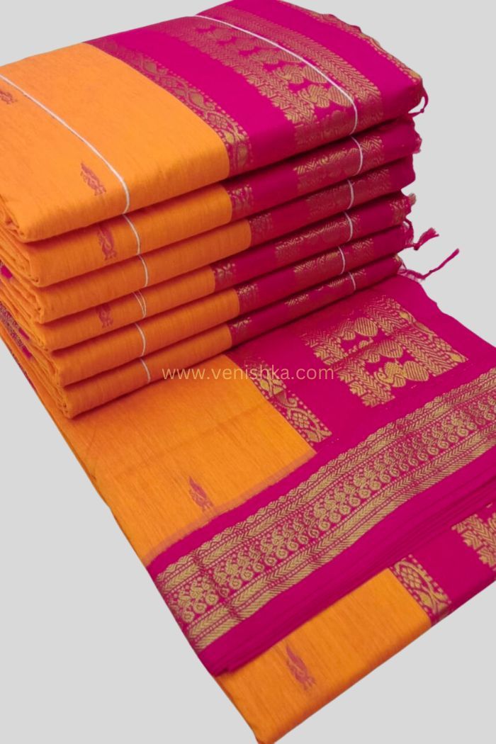 Kalyani Cotton Saree - Copper Zari : Mustard x Purple