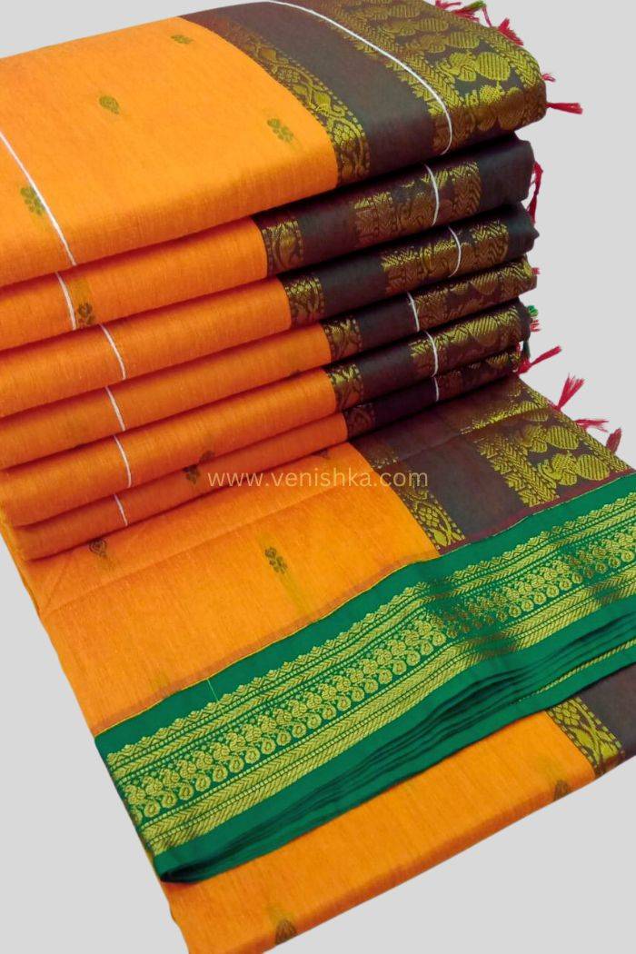 Kalyani Cotton Saree (checkered) - Copper Zari : Black