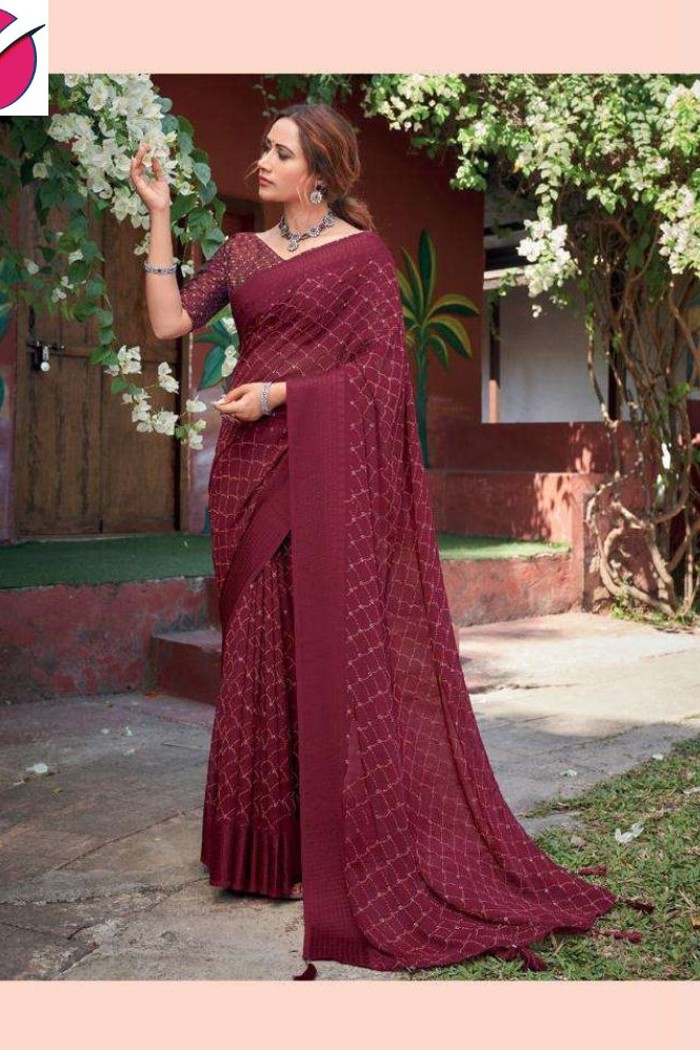 Vistavelle Classic Brown Cluster Digital Saree with Jacquard Border & Jhallar