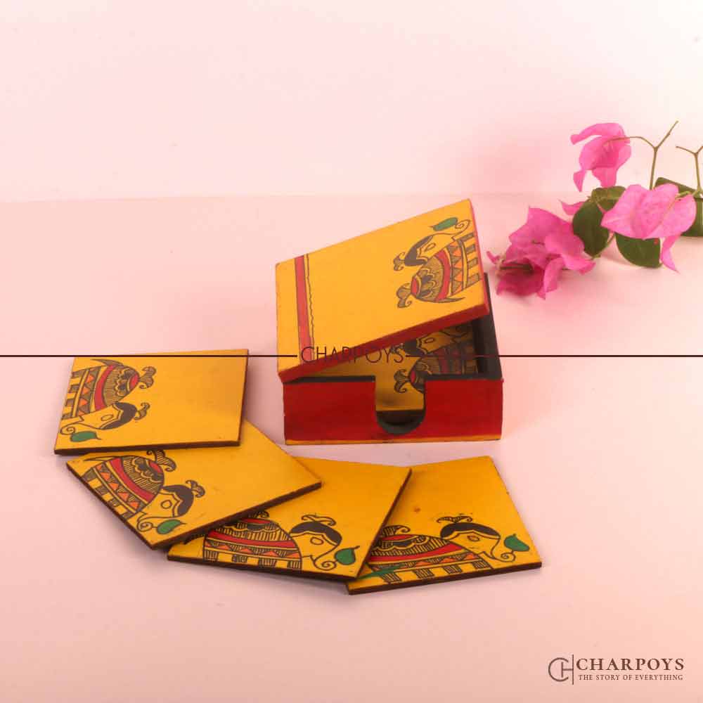 WOODEN DRINK/TEA COASTER YELLOW 6 PCS SET