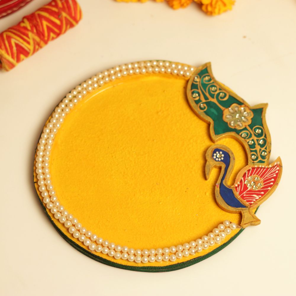 2 LINE PEARL STUDDED PEACOCK YELLOW POOJA THAALI