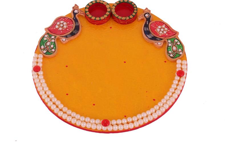 2 LINE PEARL STUDDED DUAL PEACOCK YELLOW POOJA THAALI